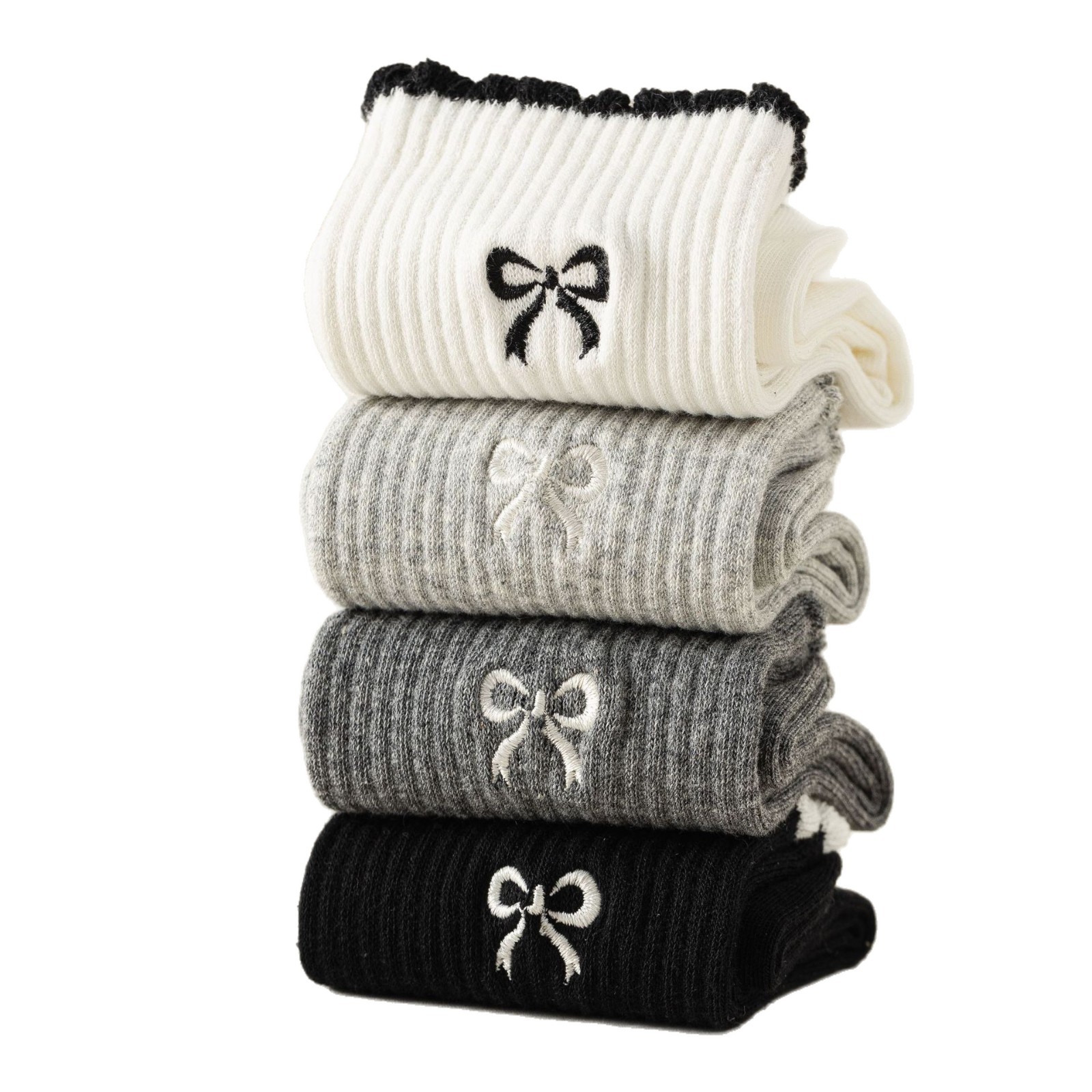 Meias Mid-Calf Femininas com Bordado de Laço e Bolinhas