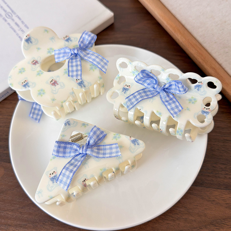 Зажим для волос из ацетата с цветочным мишкой