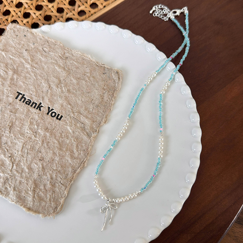 블루 비즈 보우 초커