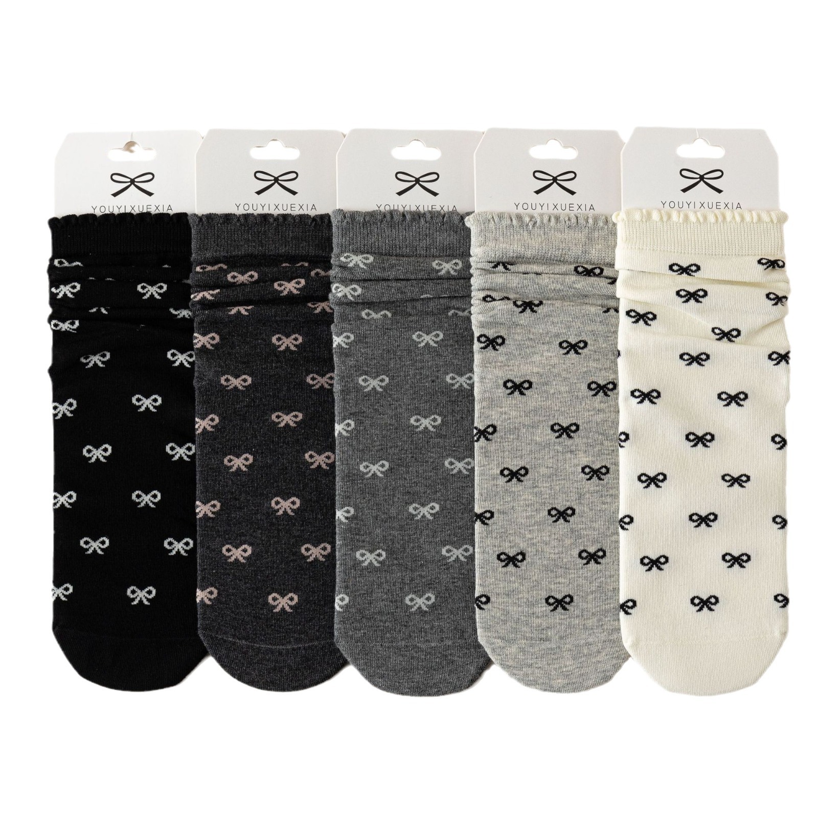 Meias Mid-Calf Sem Costura com Laço de Renda