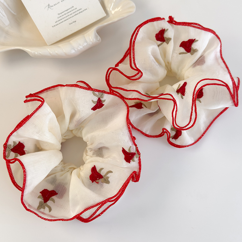 Κόκκινο Κορδόνι Μαλλιών με Κεντημένο Τριαντάφυλλο