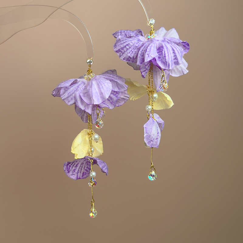 블루 플라워 크리스탈 태슬 귀걸이