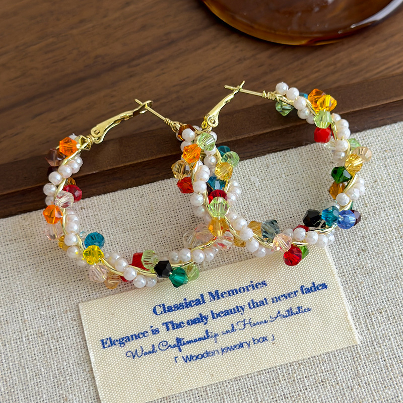 Boucles d'Oreilles Grands Cercles Cristaux Perles