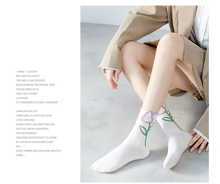 ถุงเท้ายาวครึ่งน่องผ้าฝ้ายลายดอกไม้สำหรับผู้หญิง