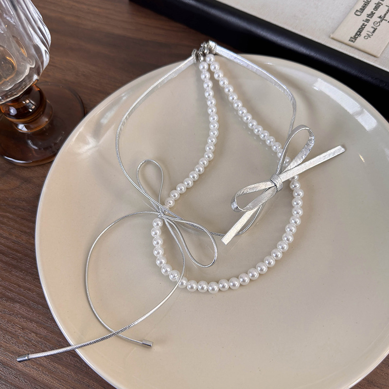 Двошаровий Шкіряний Чокер з Бантом та Перлами