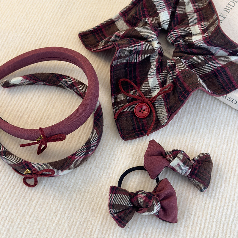 Set Bandă de Păr și Scrunchy Retro cu Model Caro și Fundă