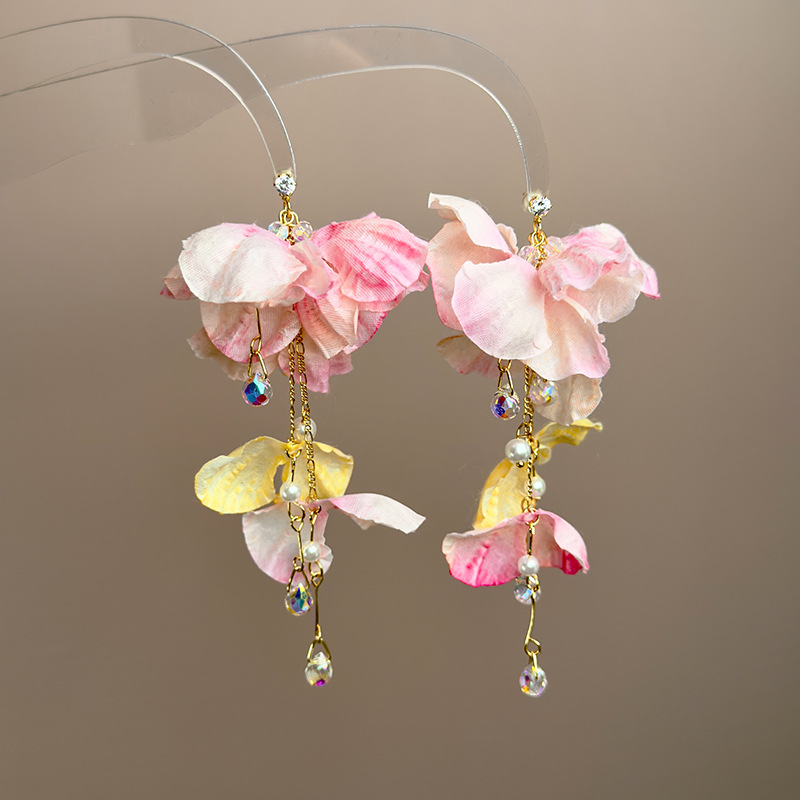 블루 플라워 크리스탈 태슬 귀걸이