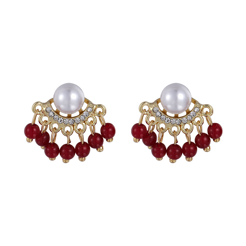 Red Bead Tassel Pearl Earrings