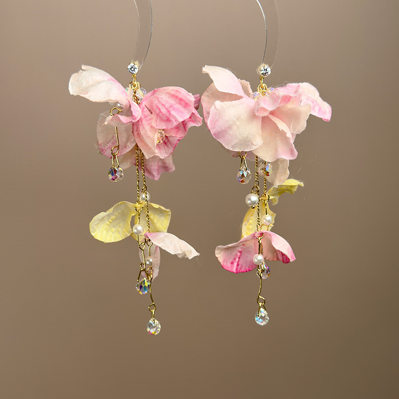 블루 플라워 크리스탈 태슬 귀걸이