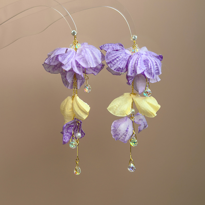 블루 플라워 크리스탈 태슬 귀걸이