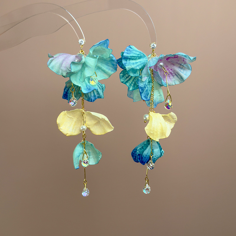 블루 플라워 크리스탈 태슬 귀걸이