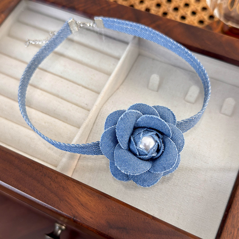 Denim Lace Flower Choker Necklace