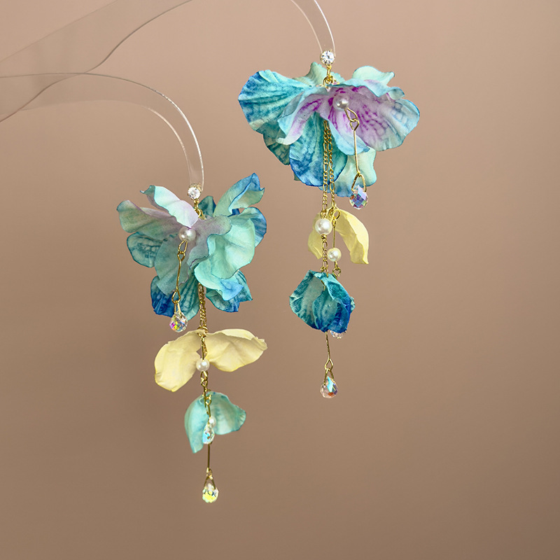 블루 플라워 크리스탈 태슬 귀걸이