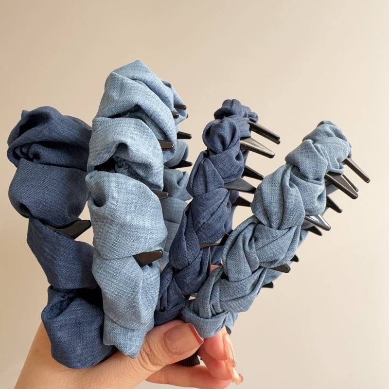 Banda de Păr Denim Albastră cu Model Undă și Dinți, Coroană Înaltă