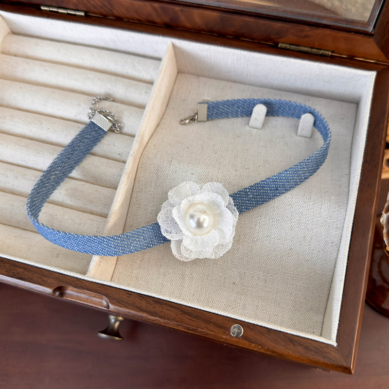 Denim Lace Flower Choker Necklace