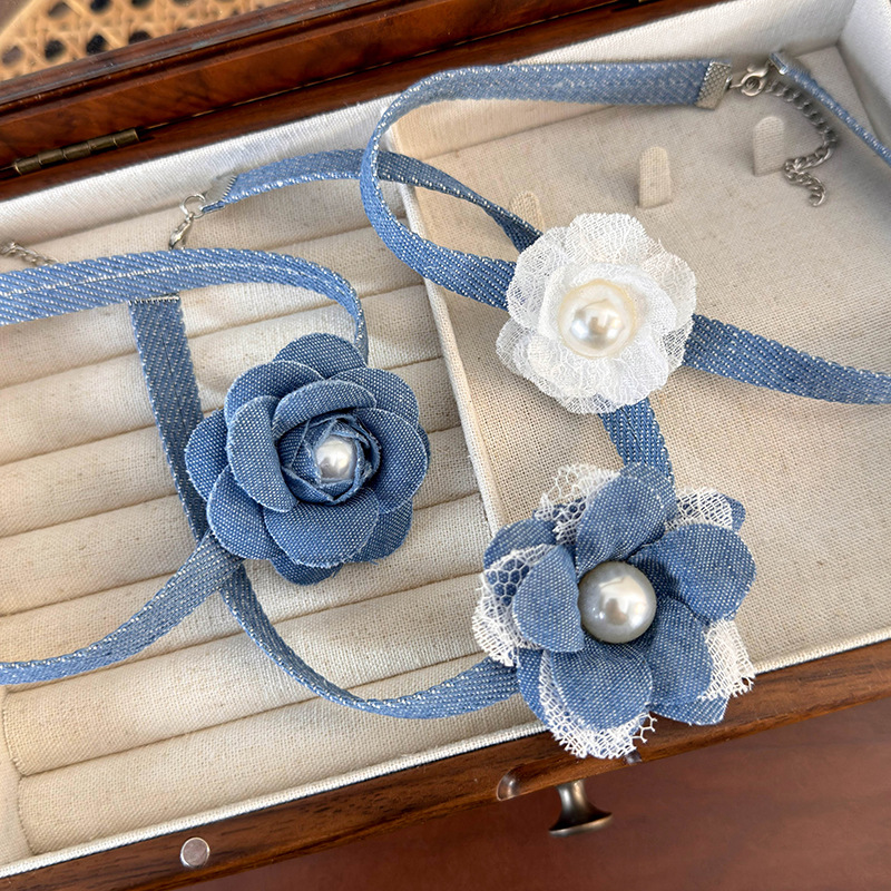 Denim Lace Flower Choker Necklace