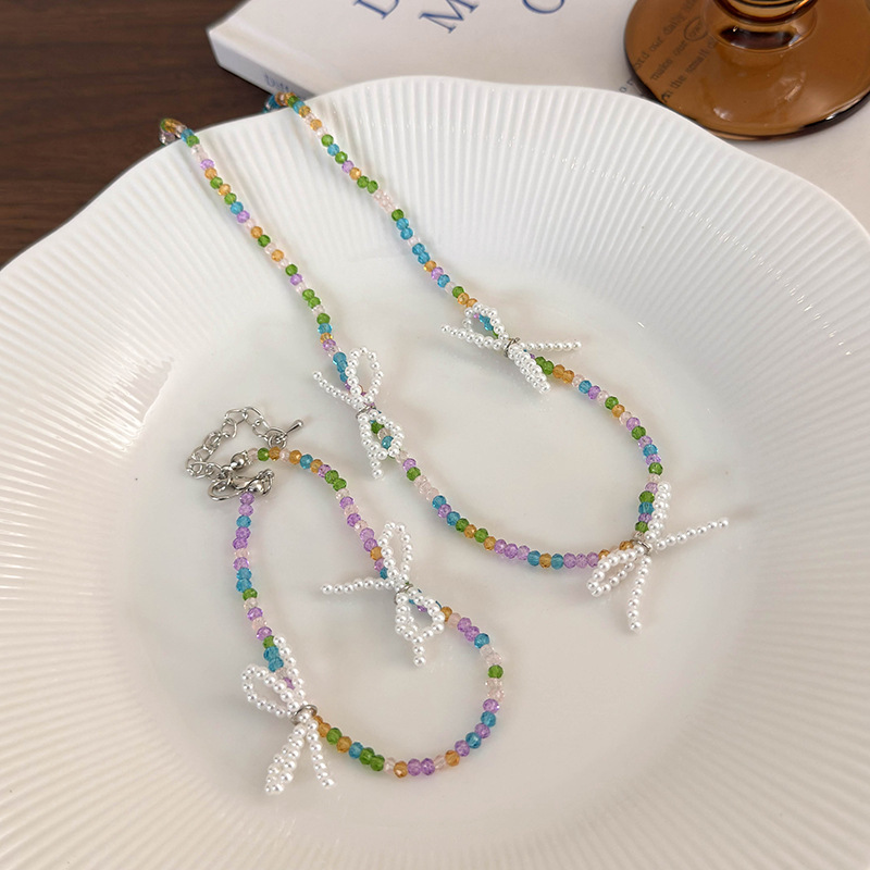 Pastel İnci Fiyonk Kolye Bileklik Seti