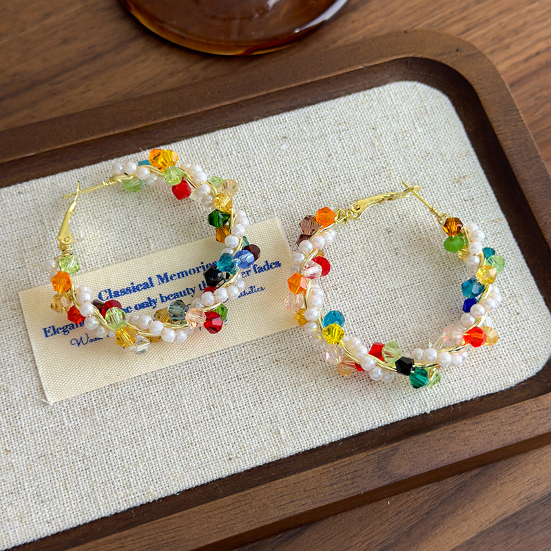 Boucles d'Oreilles Grands Cercles Cristaux Perles