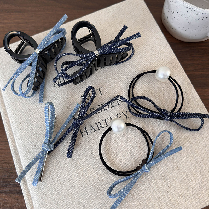 Заколки для волос с бантом из голубого денима