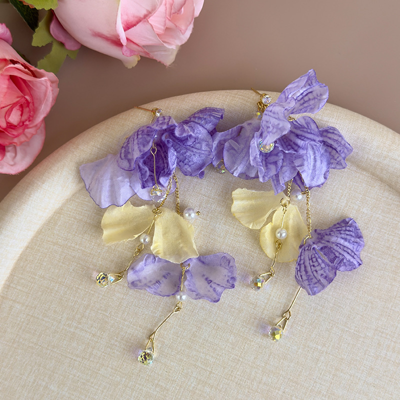 블루 플라워 크리스탈 태슬 귀걸이