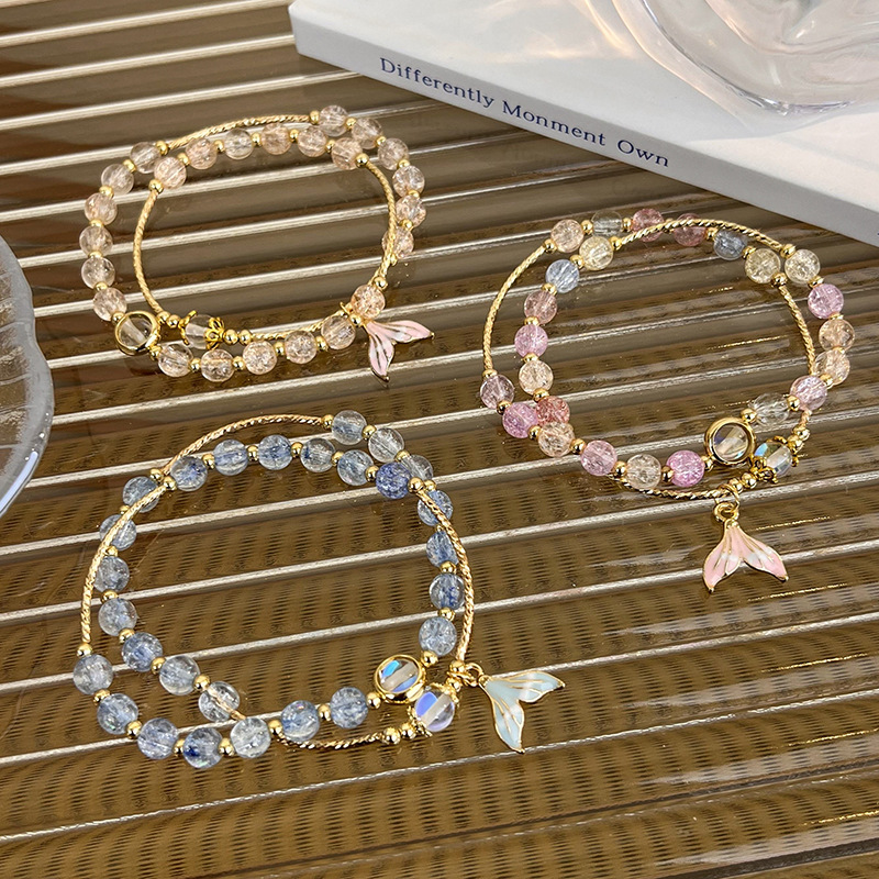 Pulsera de Cuentas Doble Capa con Colgante de Cola de Sirena