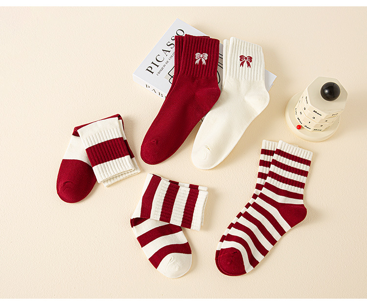 ถุงเท้าฝ้ายข้อเท้ายาวสไตล์ญี่ปุ่นลายโบว์และลายทาง