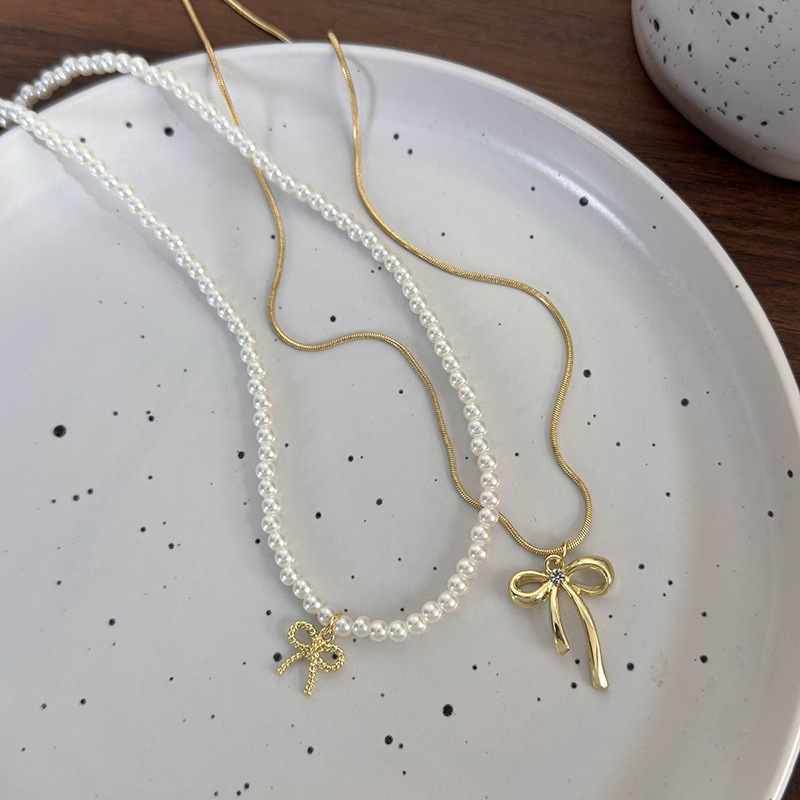 Imitation Pearl Bow Necklace Set