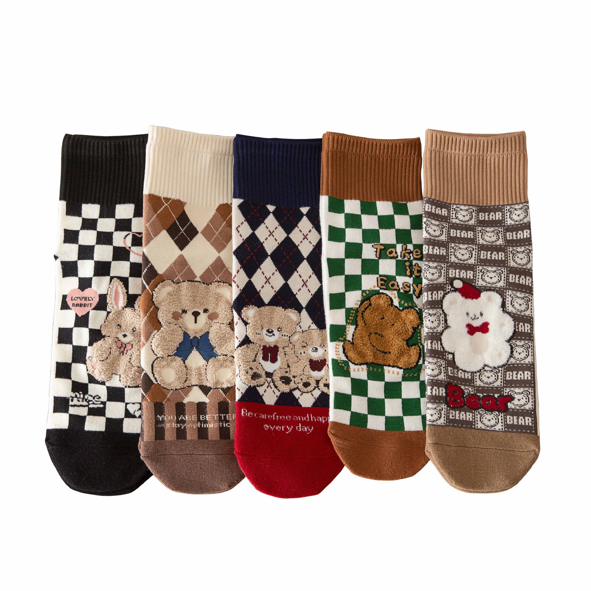 Meias Femininas com Estampa Xadrez e Ursos de Desenho Animado