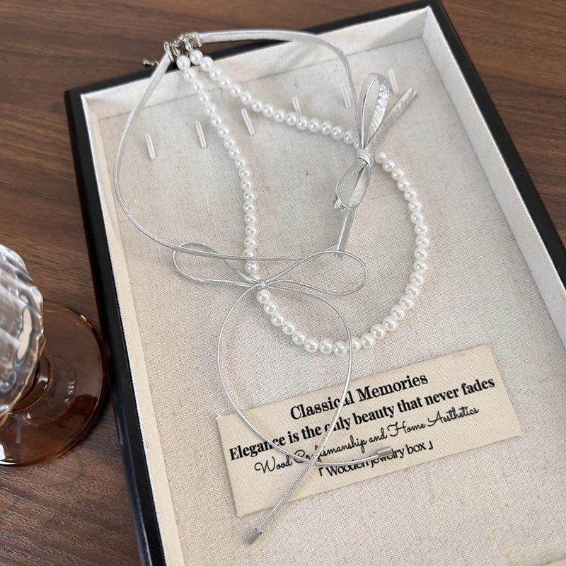 Двошаровий Шкіряний Чокер з Бантом та Перлами