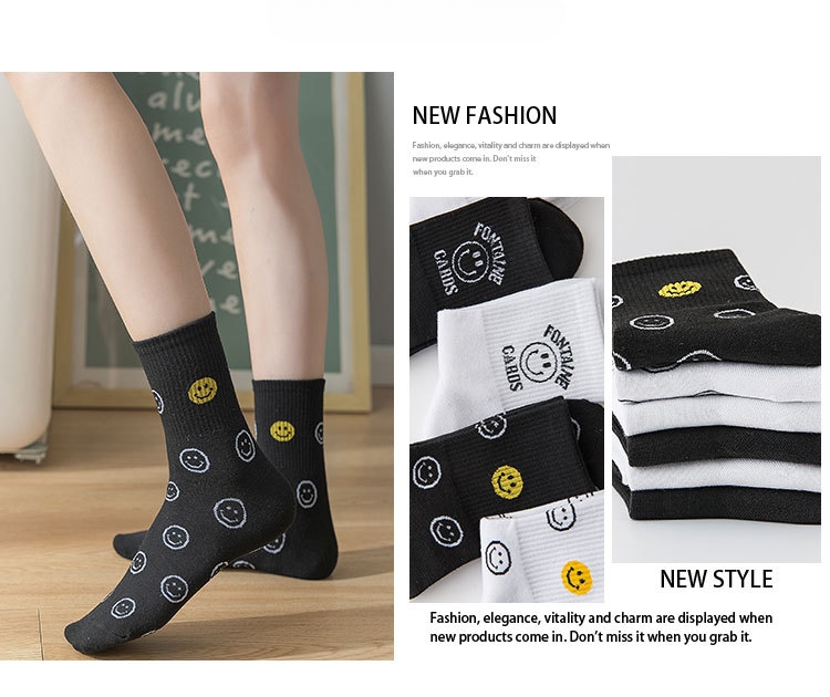 Meias Meia-Canela de Algodão com Carinhas Sorridentes