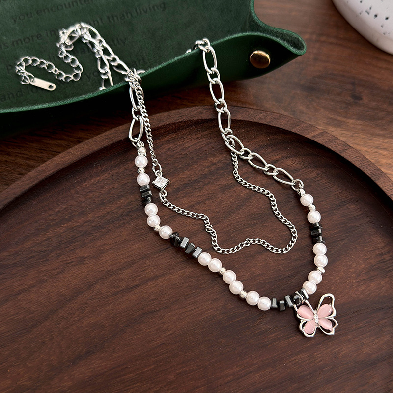 Pembe Kelebek İnci Çift Katmanlı Choker Kolye