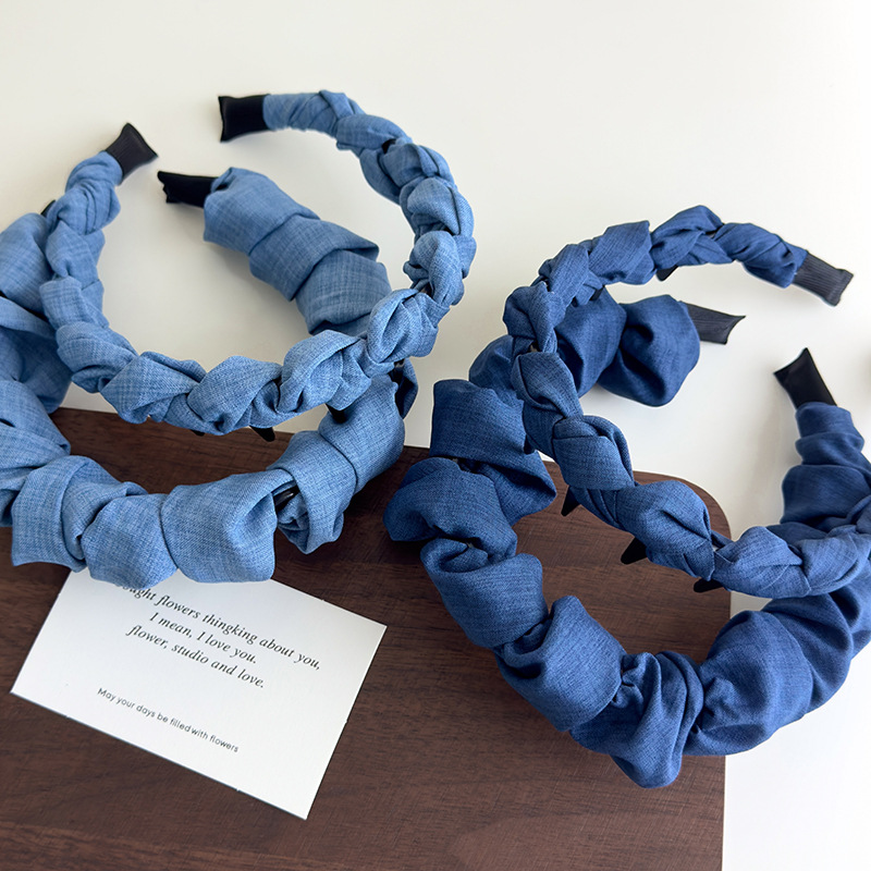 Banda de Păr Denim Albastră cu Model Undă și Dinți, Coroană Înaltă