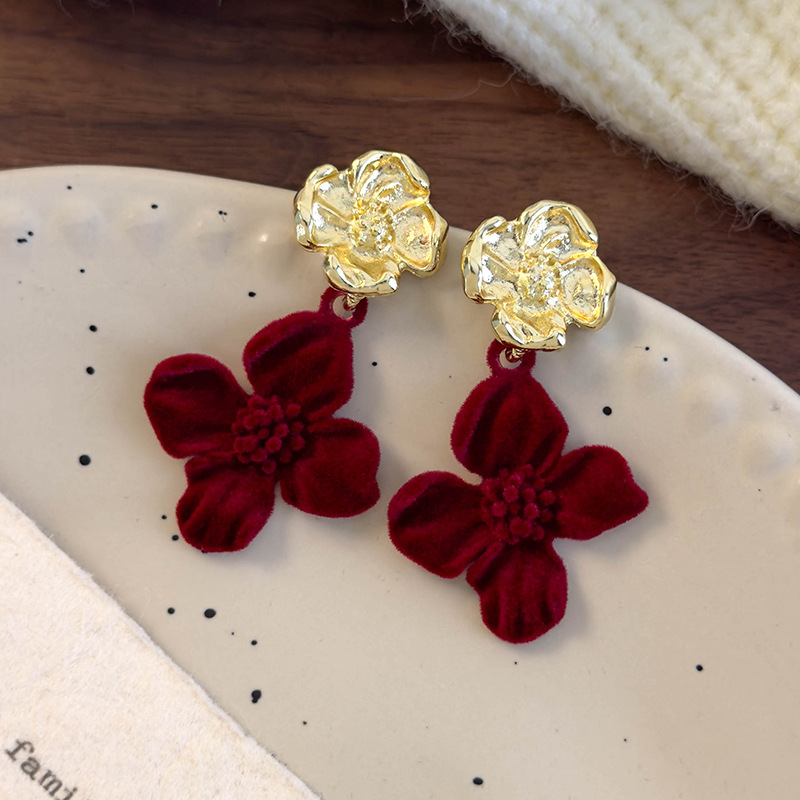 Francouzské Vintage Sametové Květinové Náušnice