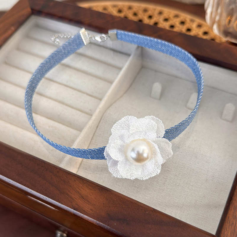 Denim Lace Flower Choker Necklace