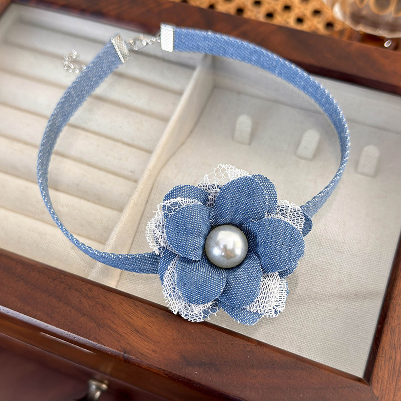 Denim Lace Flower Choker Necklace
