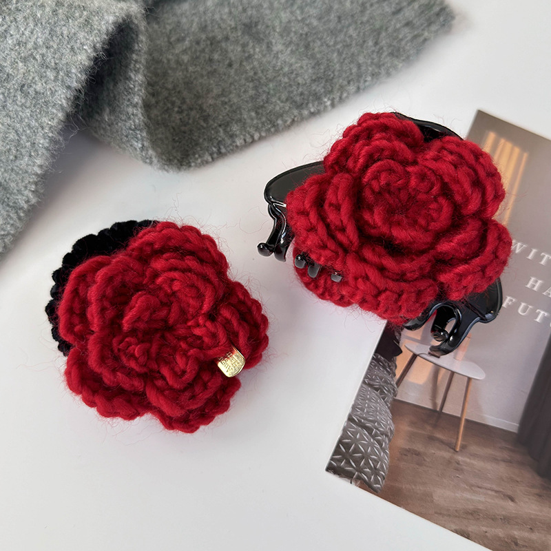 Set Ac de Păr și Bandă Elastică cu Trandafir Roșu Tricotat