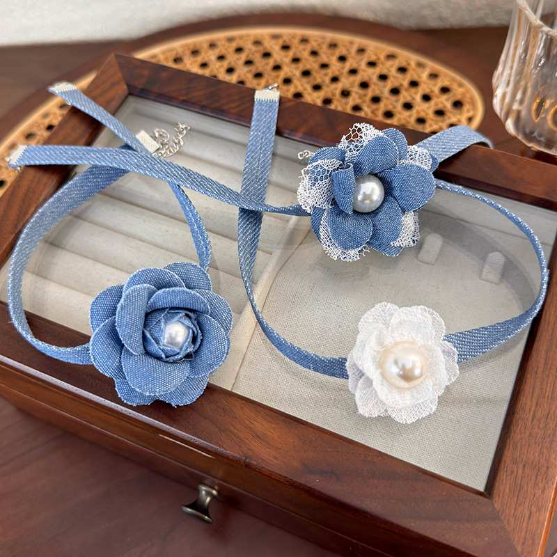 Denim Lace Flower Choker Necklace