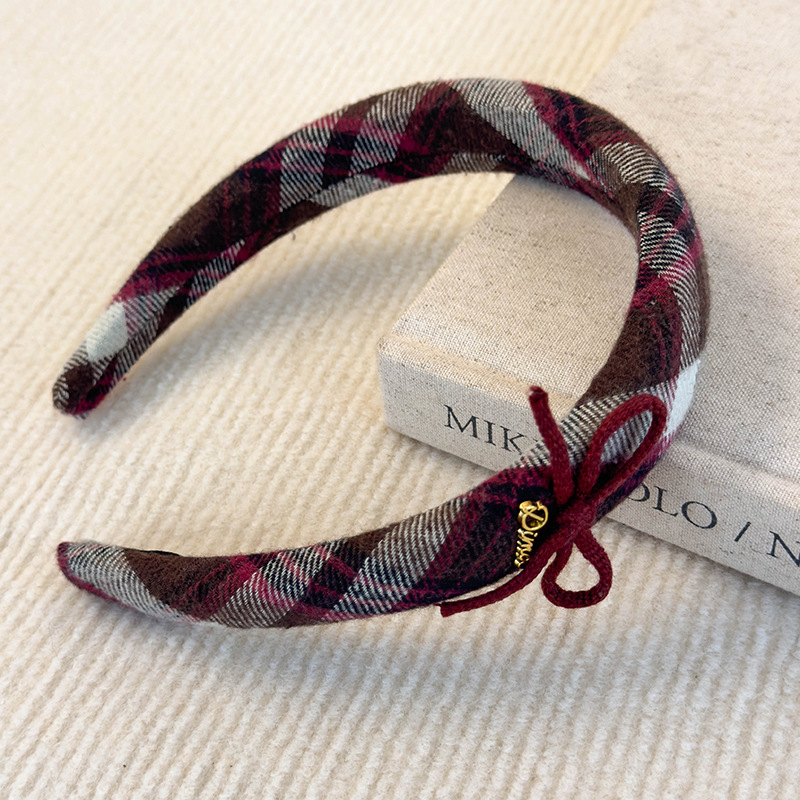 Retro Vínová Kostkovaná Mašle Čelenka a Scrunchy Set