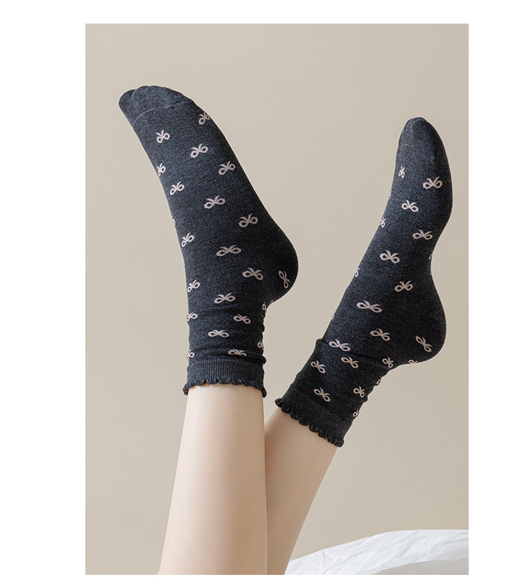 Meias Mid-Calf Sem Costura com Laço de Renda