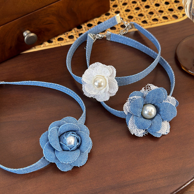 Denim Lace Flower Choker Necklace