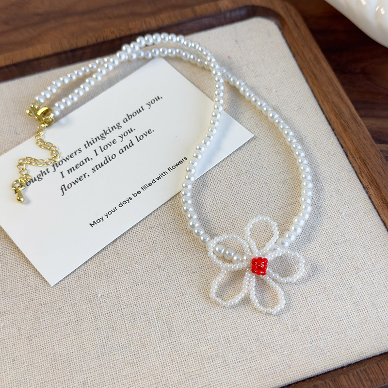 플로럴 비즈 펄 목걸이