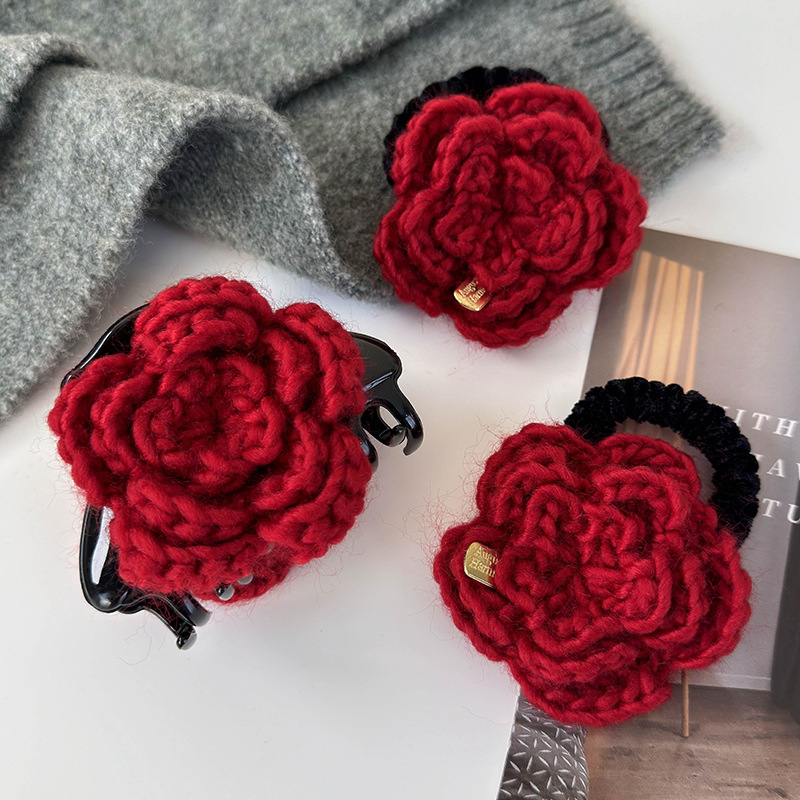 Set Ac de Păr și Bandă Elastică cu Trandafir Roșu Tricotat