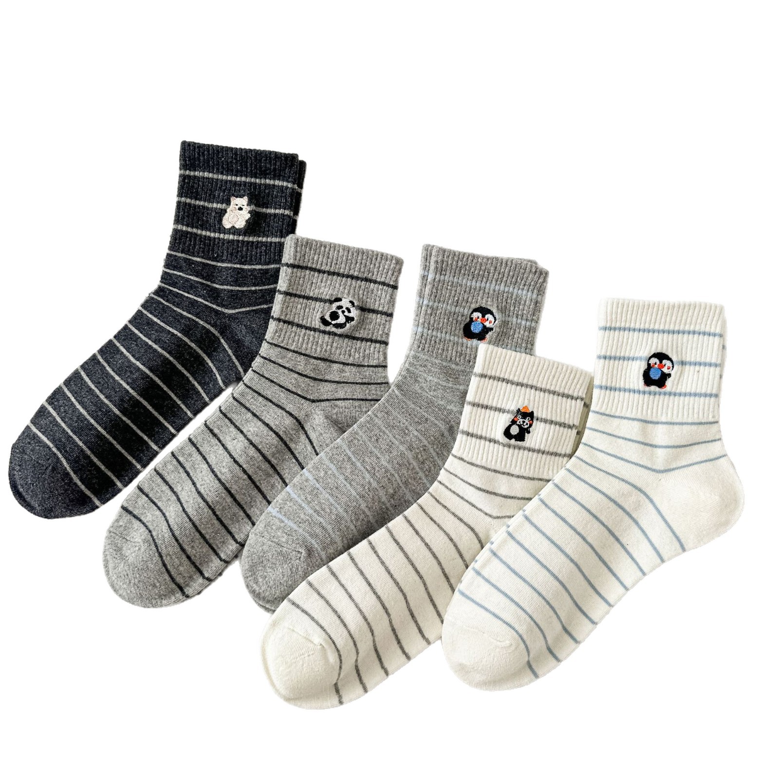 Meias Mid-Calf Femininas Bordadas com Listras e Desenhos Animados