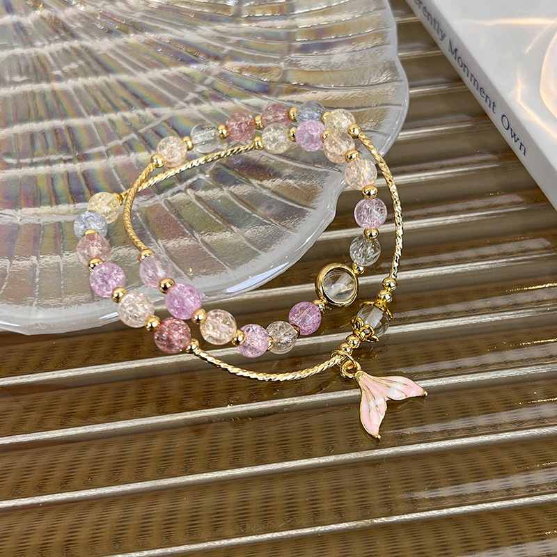 Pulsera de Cuentas Doble Capa con Colgante de Cola de Sirena