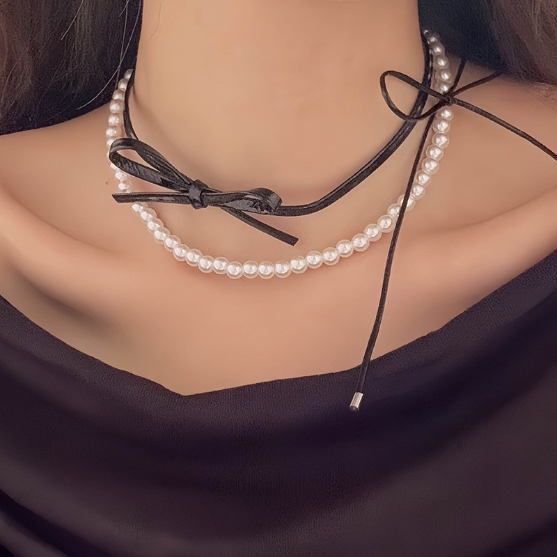 Двошаровий Шкіряний Чокер з Бантом та Перлами