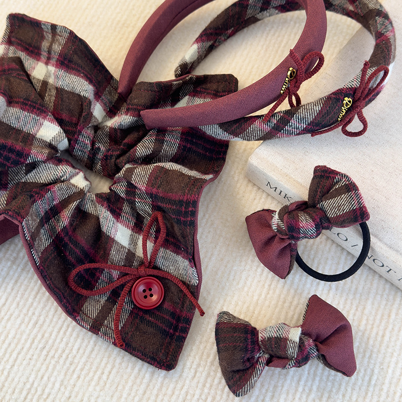 Set Bandă de Păr și Scrunchy Retro cu Model Caro și Fundă