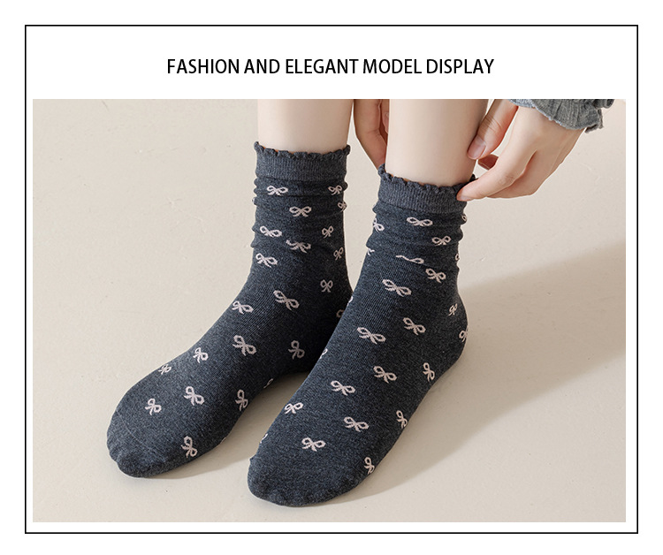 Meias Mid-Calf Sem Costura com Laço de Renda