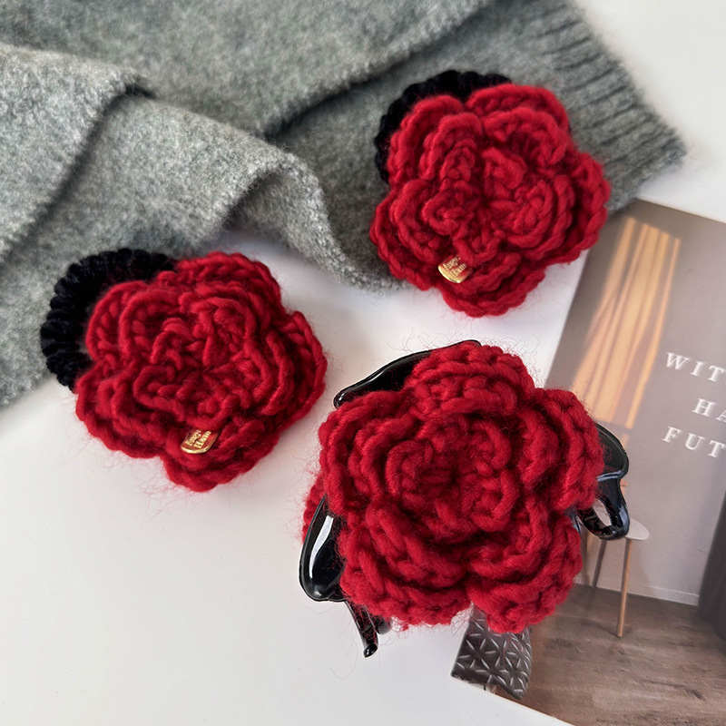 Set Ac de Păr și Bandă Elastică cu Trandafir Roșu Tricotat