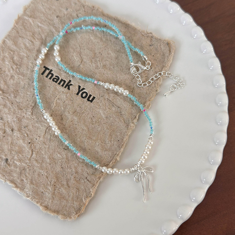 블루 비즈 보우 초커